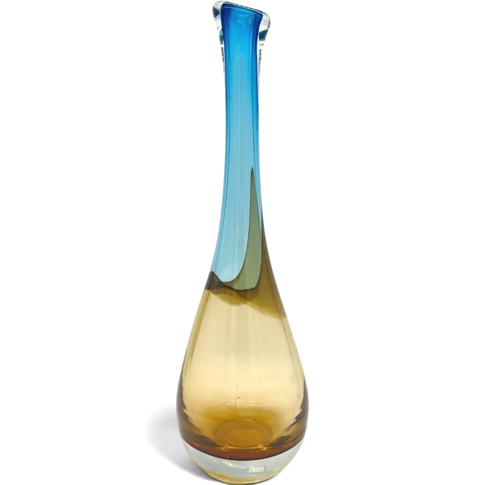 Sommerso Style Glass Vase Blue‎ Amber Teardrop Mid Century Modern 15.5